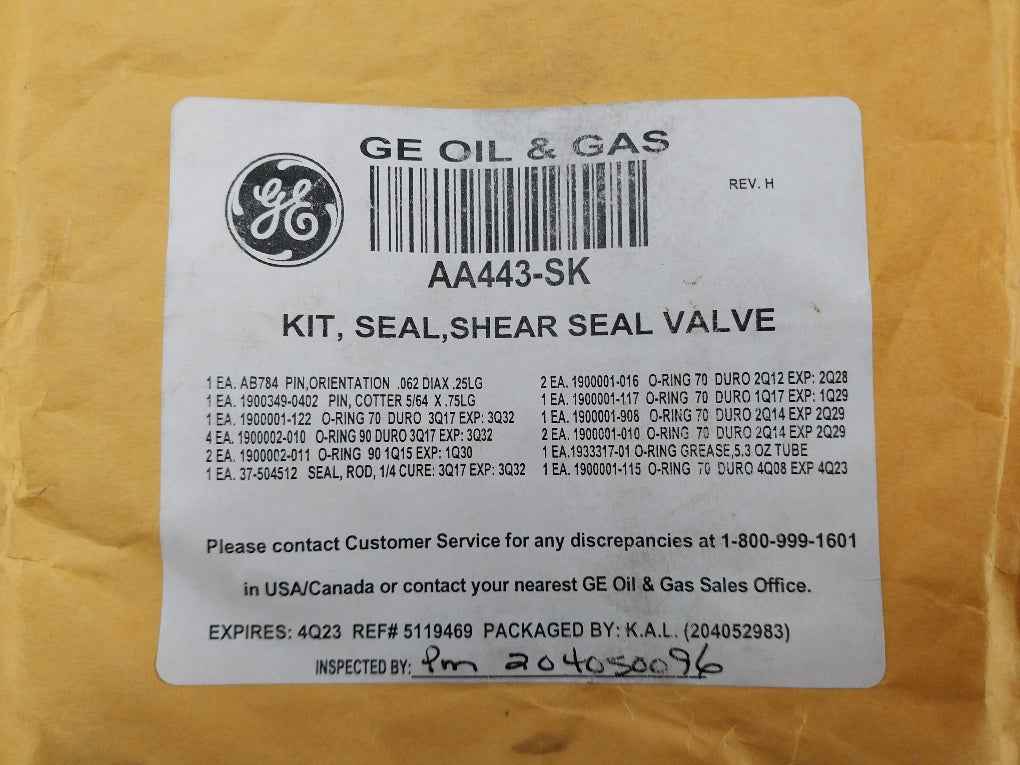 General Electric Aa443-sk Shear Seal Valve Kit Rev. H 37-504512