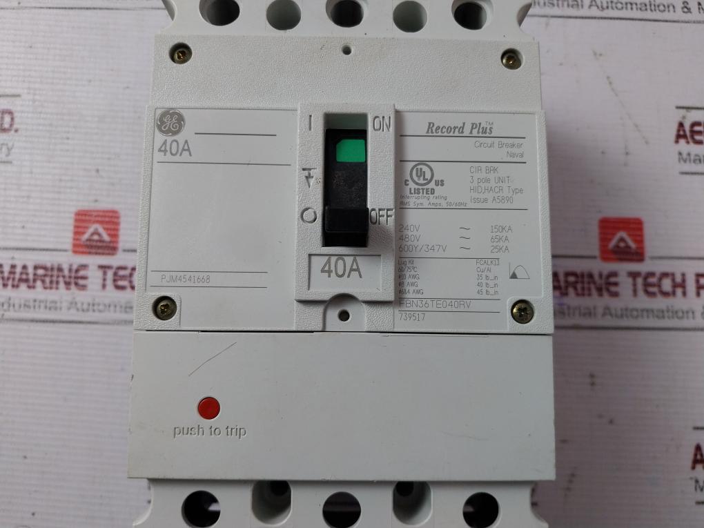 General Electric Fbn36Te040Rv 3 Pole Current Limiting Circuit Breaker 40A 480V