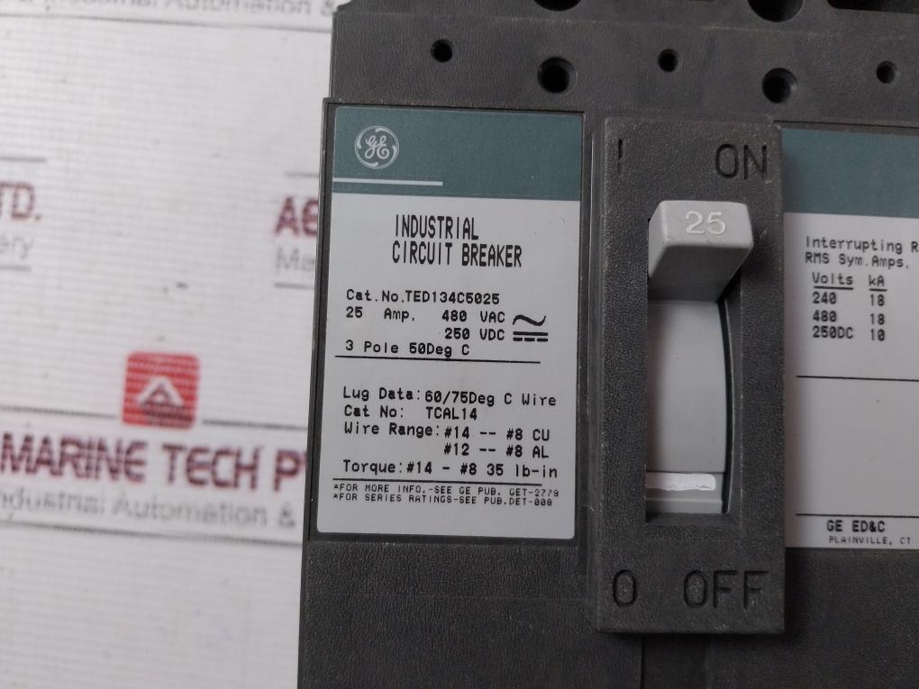 General Electric Ted134C5025 3 Pole Industrial Circuir Breaker 480V 25A 50/60Hz