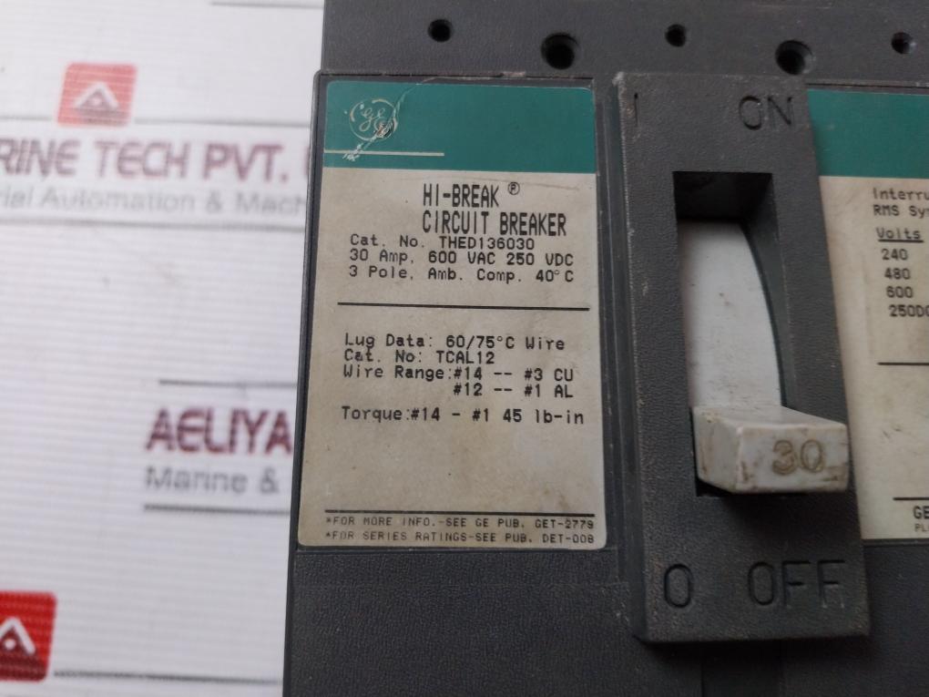 General Electric Thed136030 3 Pole Circuit Breaker 600Vac 30A