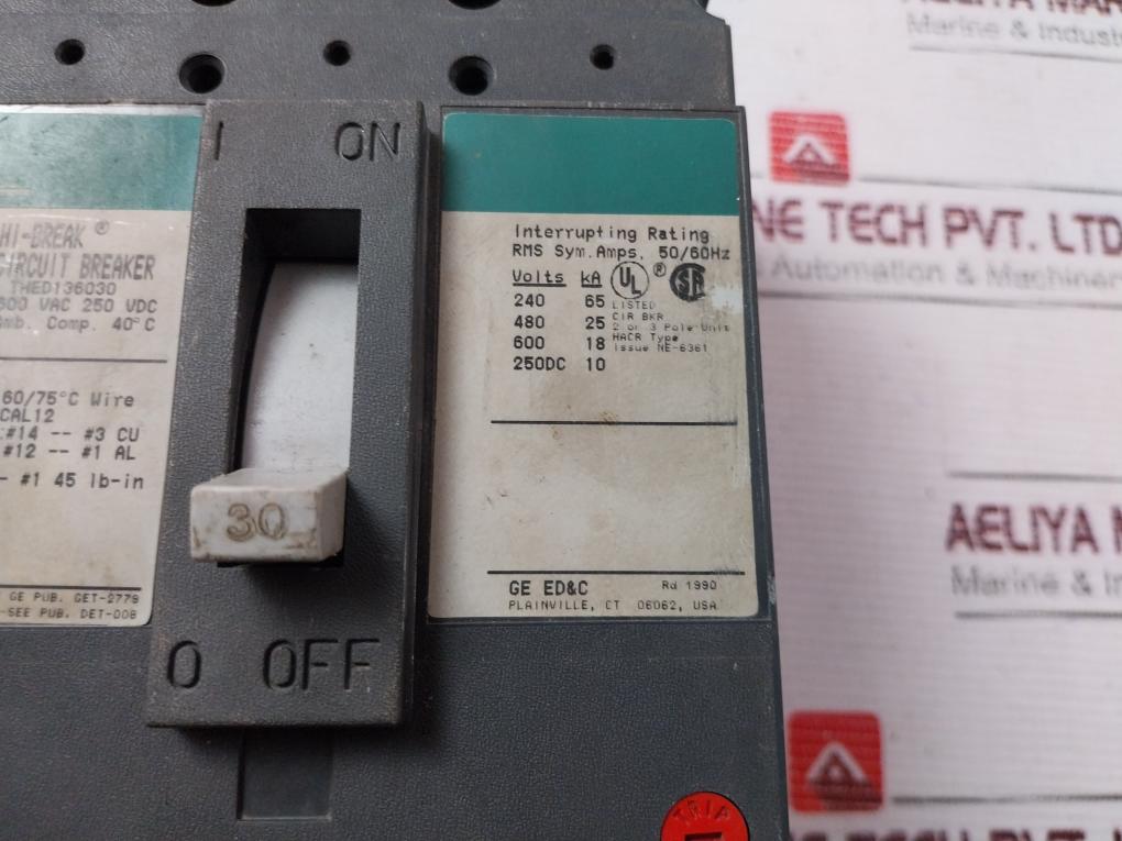 General Electric Thed136030 3 Pole Circuit Breaker 600Vac 30A