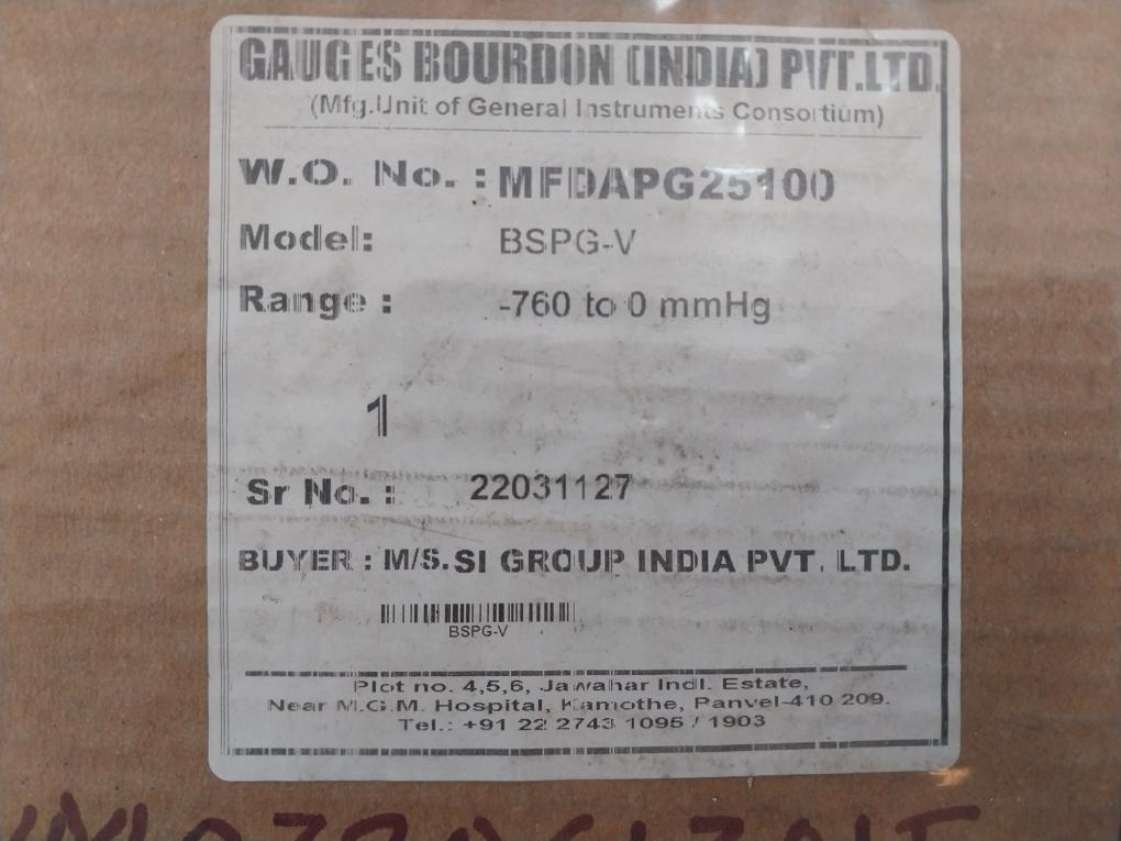 General Instruments BSPG-V Pressure Gauge -760 To 0 mmHg