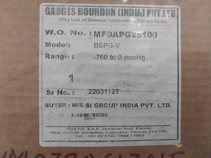 General Instruments BSPG-V Pressure Gauge -760 To 0 mmHg