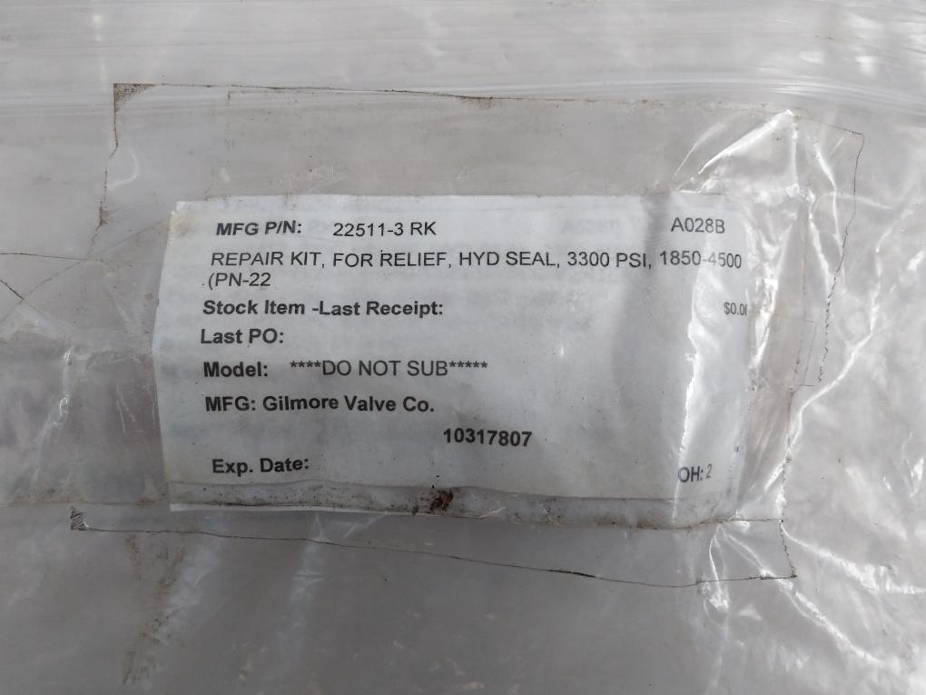 Gilmore 22511-3 Rk Repair Kit For Relief Valve Rev R Size B Ver 018