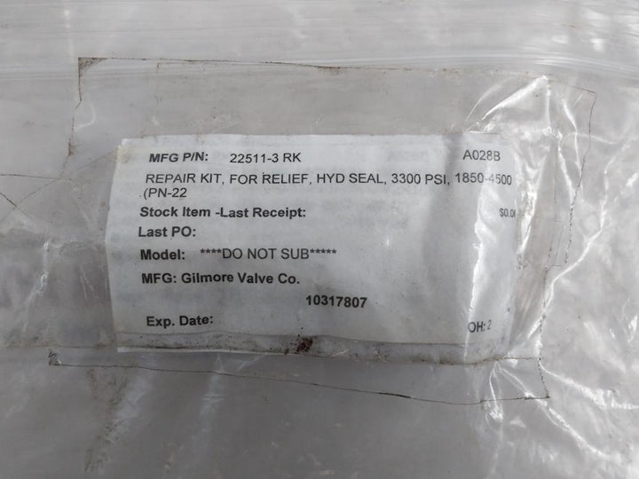 Gilmore 22511-3 Rk Repair Kit For Relief Valve Rev R Size B Ver 018