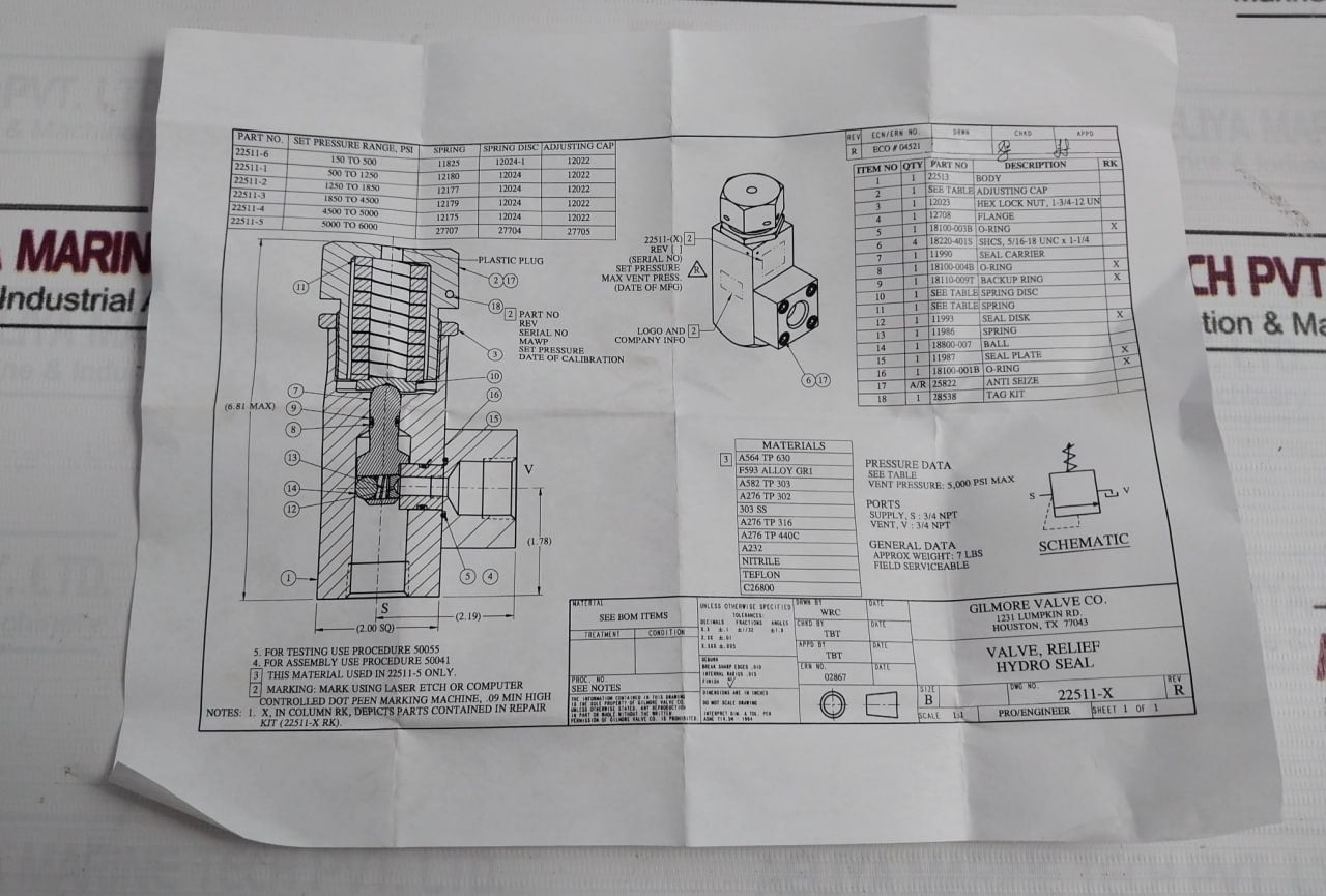 Gilmore 22511-3 Rk Repair Kit For Relief Valve Rev R Size B Ver 018
