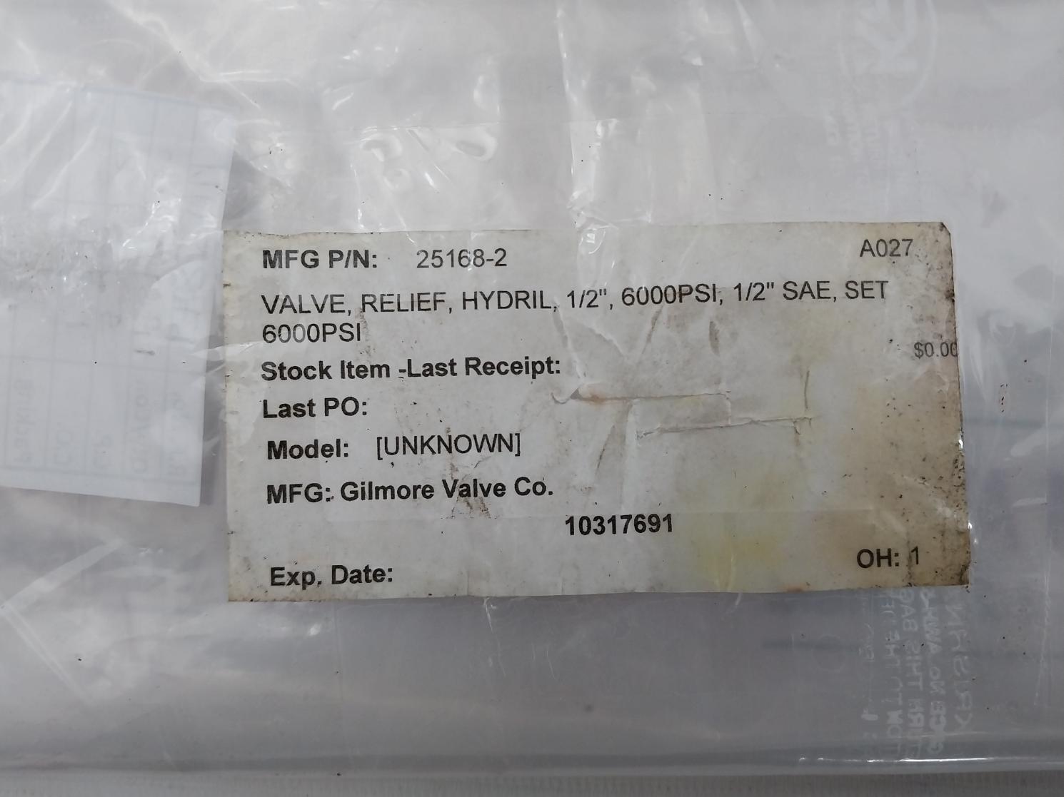 Gilmore 25168-2 Relief Valve 1/2" Sae Rev: F 6000 Psi
