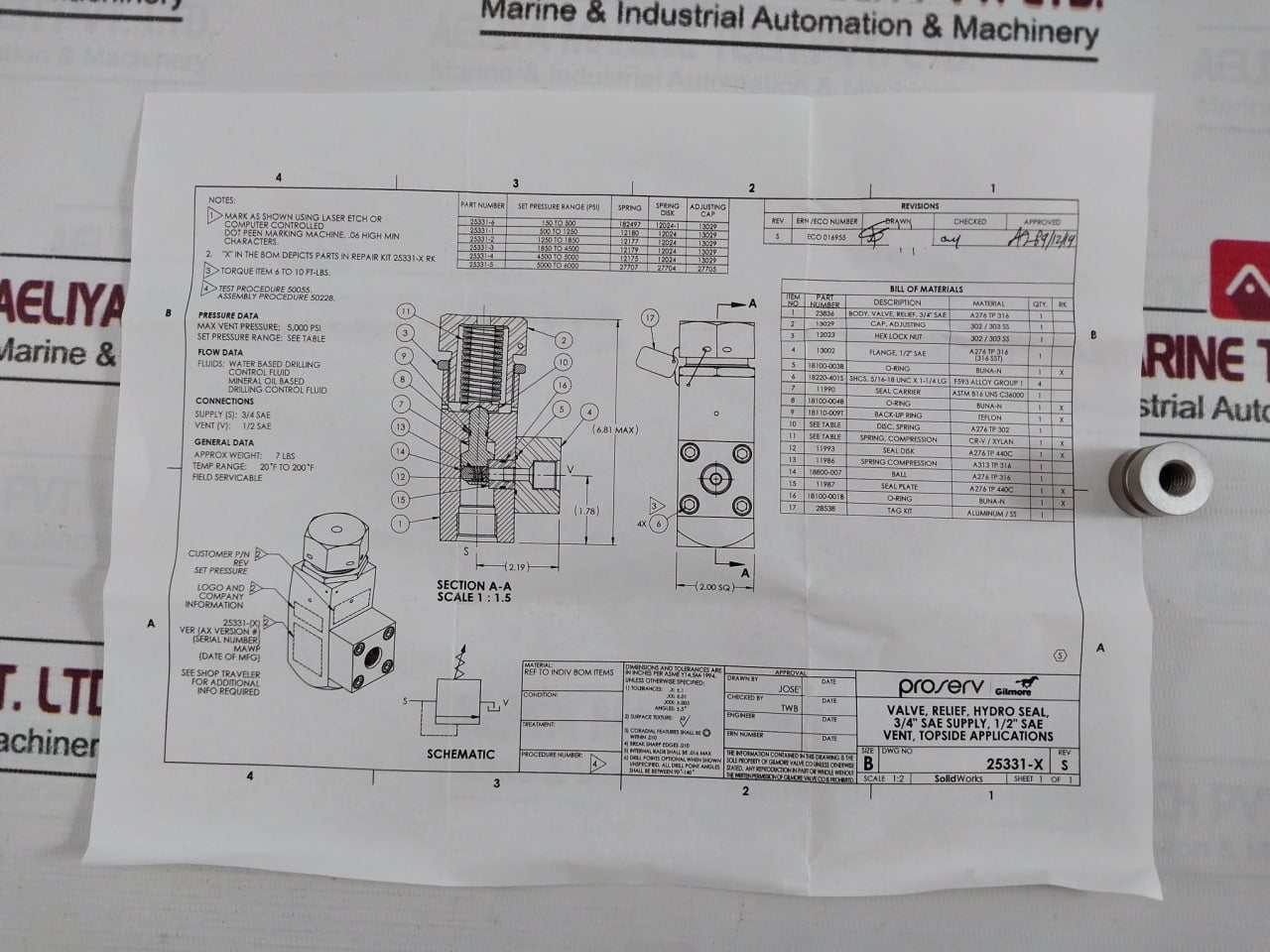 Gilmore 25331-5 Rk Relief Valve Repair Kit 18110-009T Cure 3Q19 1Q19 A028B