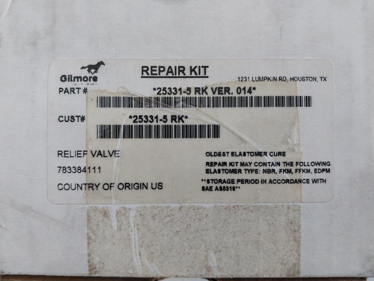 Gilmore 25331-5 Rk Relief Valve Repair Kit 18110-009T Cure 3Q19 1Q19 A028B