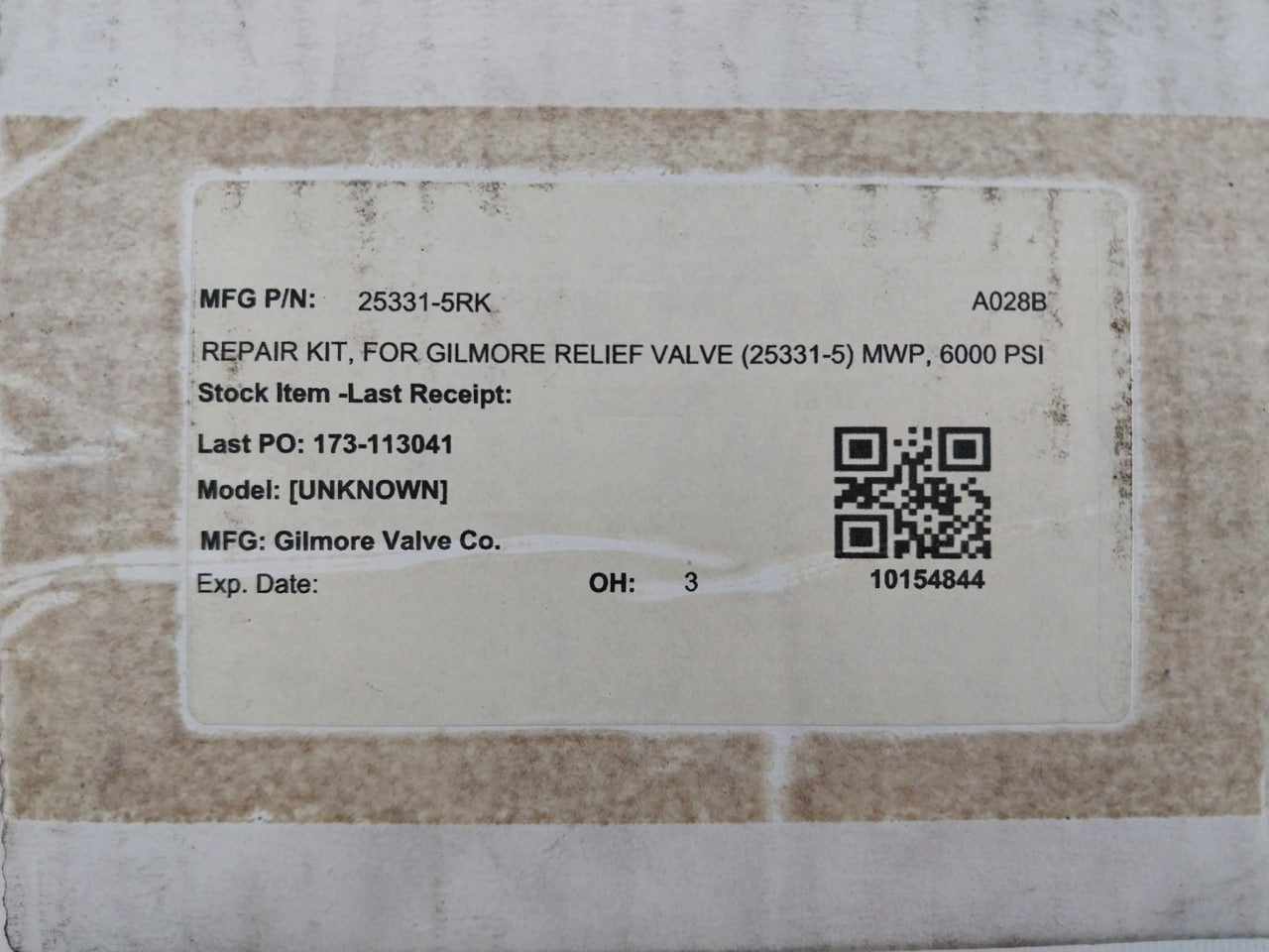 Gilmore 25331-5 Rk Relief Valve Repair Kit 18110-009T Cure 3Q19 1Q19 A028B