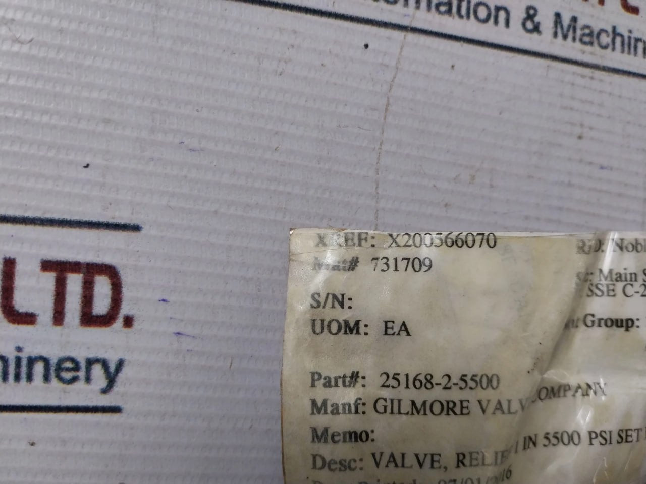 Gilmore 25168-2 Pressure Relief Valve 6000 Psi 25168-2-5500