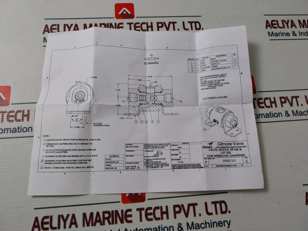 Gilmore Valve 27027-2.3 Shuttle Valve Repair Kit 1/2 Sae