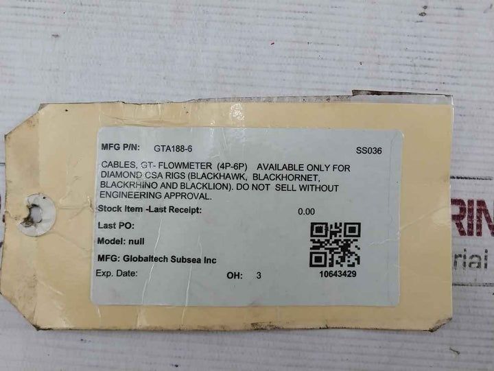 Globaltech Gta188-6 Pbof Gt-flowmeter Cable Assembly Rev 8 2-meter Ss316