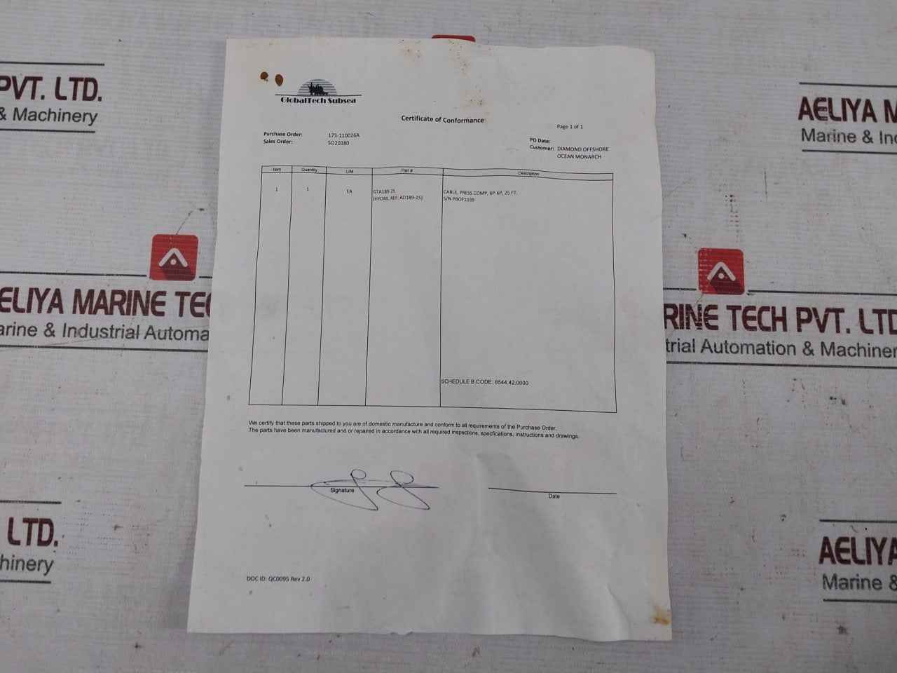 Globaltech Subsea Gta189-25 Cable Assembly 6P-6P, 25Ft 316 Ss, 8-meter Rev: 3