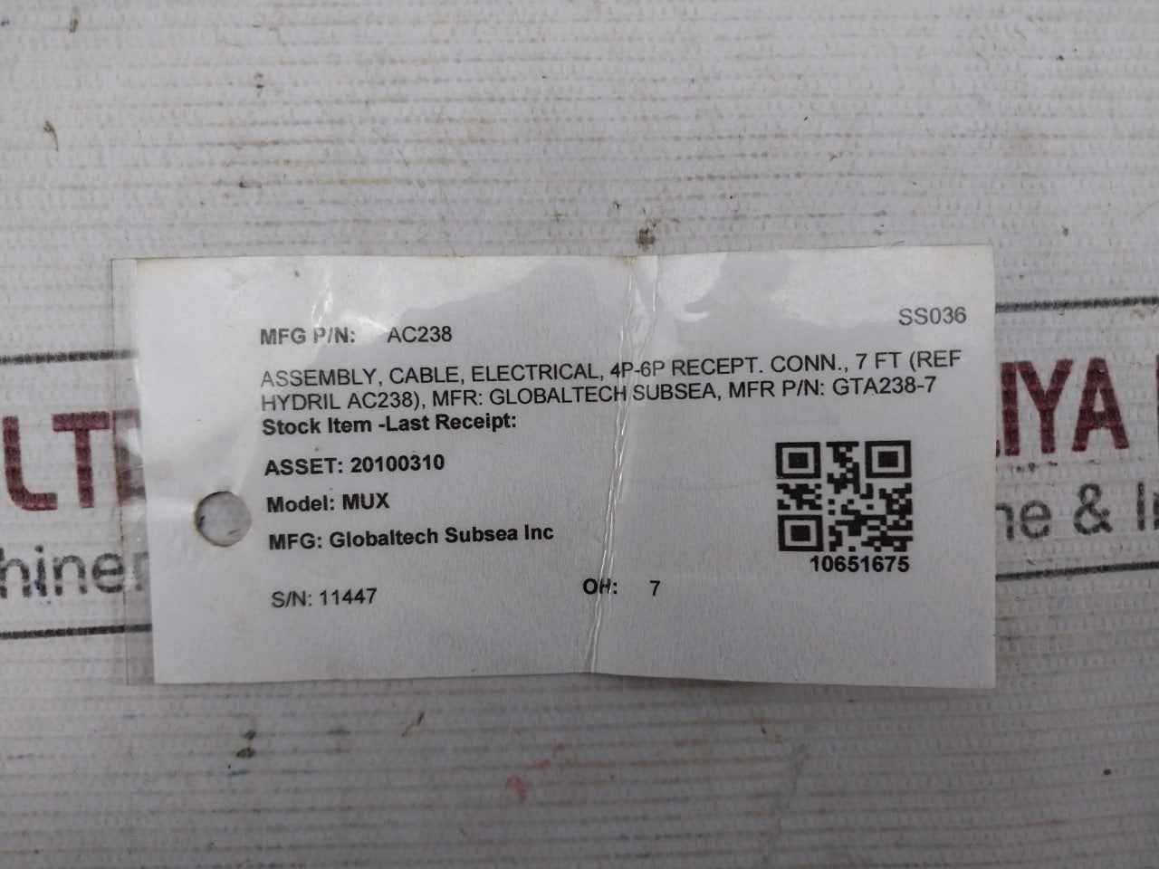 Globaltech Subsea Gta238-7 Electrical Cable Assy Gt0577 7Ft 2M Rev.10