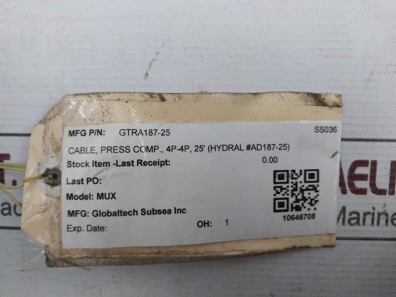 Globaltech Subsea Gtra187-25 Mux Pbof Pressure Comp Cable Assembly 25Ft Rev 4