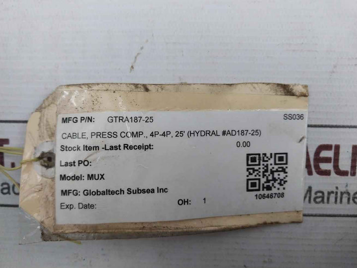Globaltech Subsea Gtra187-25 Mux Pbof Pressure Comp Cable Assembly 25Ft Rev 4