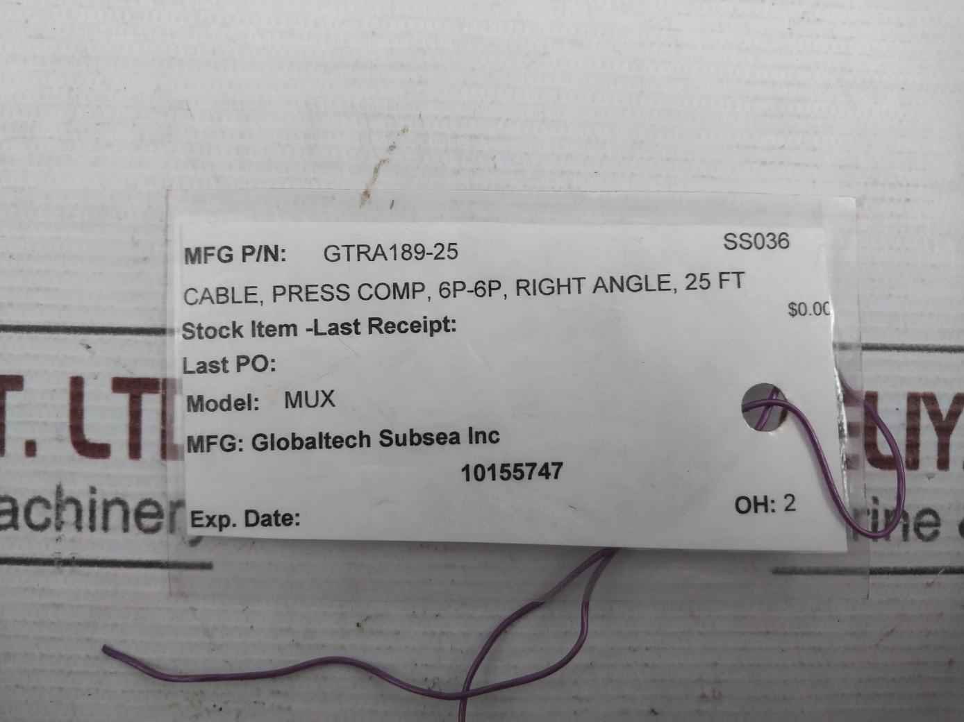 Globaltech Subsea Gtra189-25 Mux Pbof Pressure Comp Cable Assembly 8 Meter