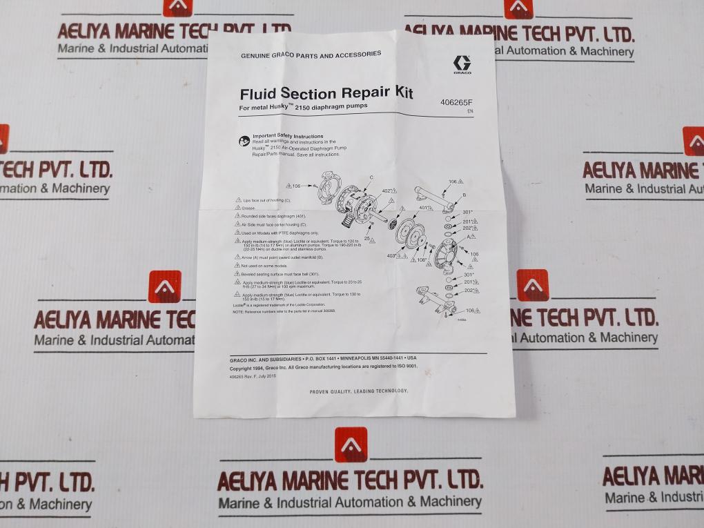 Graco D0F525 Fluid Section Repair Kit 406265F
