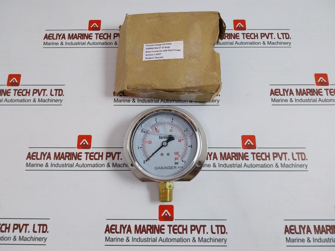 Grainger 0-100 Psi Oil Filled Pressure Gauge 0-7 Bar 100Mm