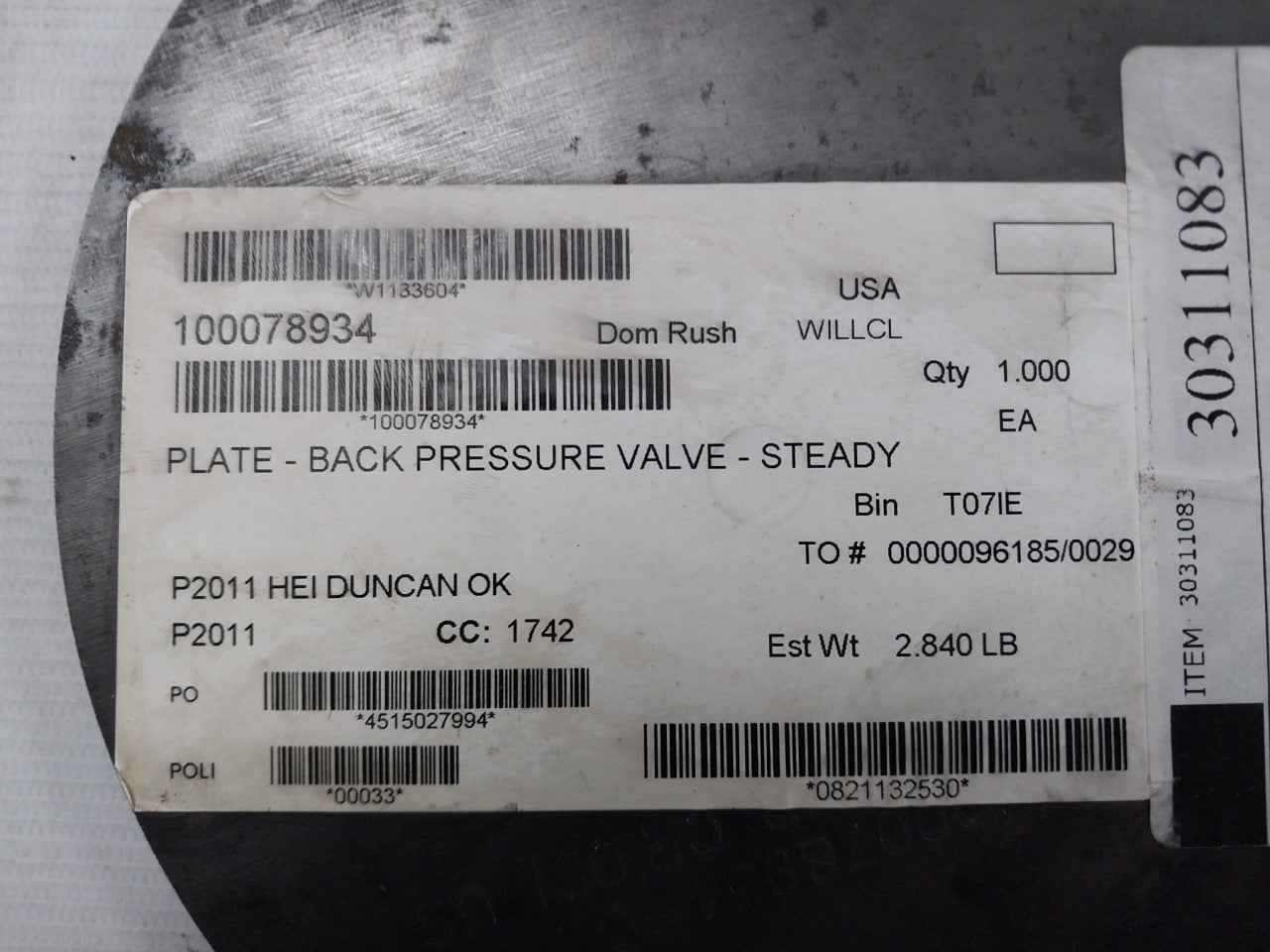 Halliburton 100078934 Pump Plate - Back Pressure Valve 30311083