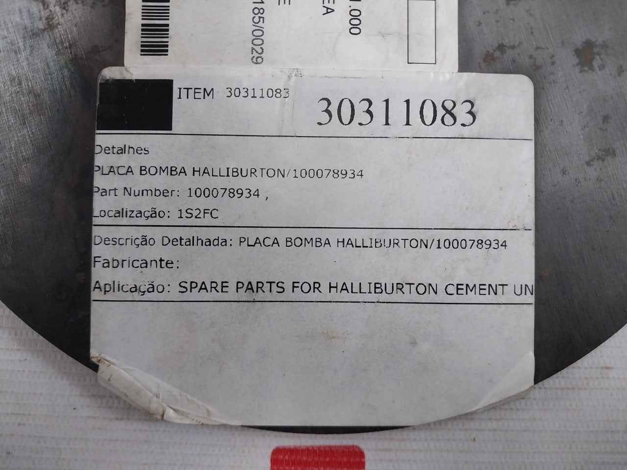 Halliburton 100078934 Pump Plate - Back Pressure Valve 30311083