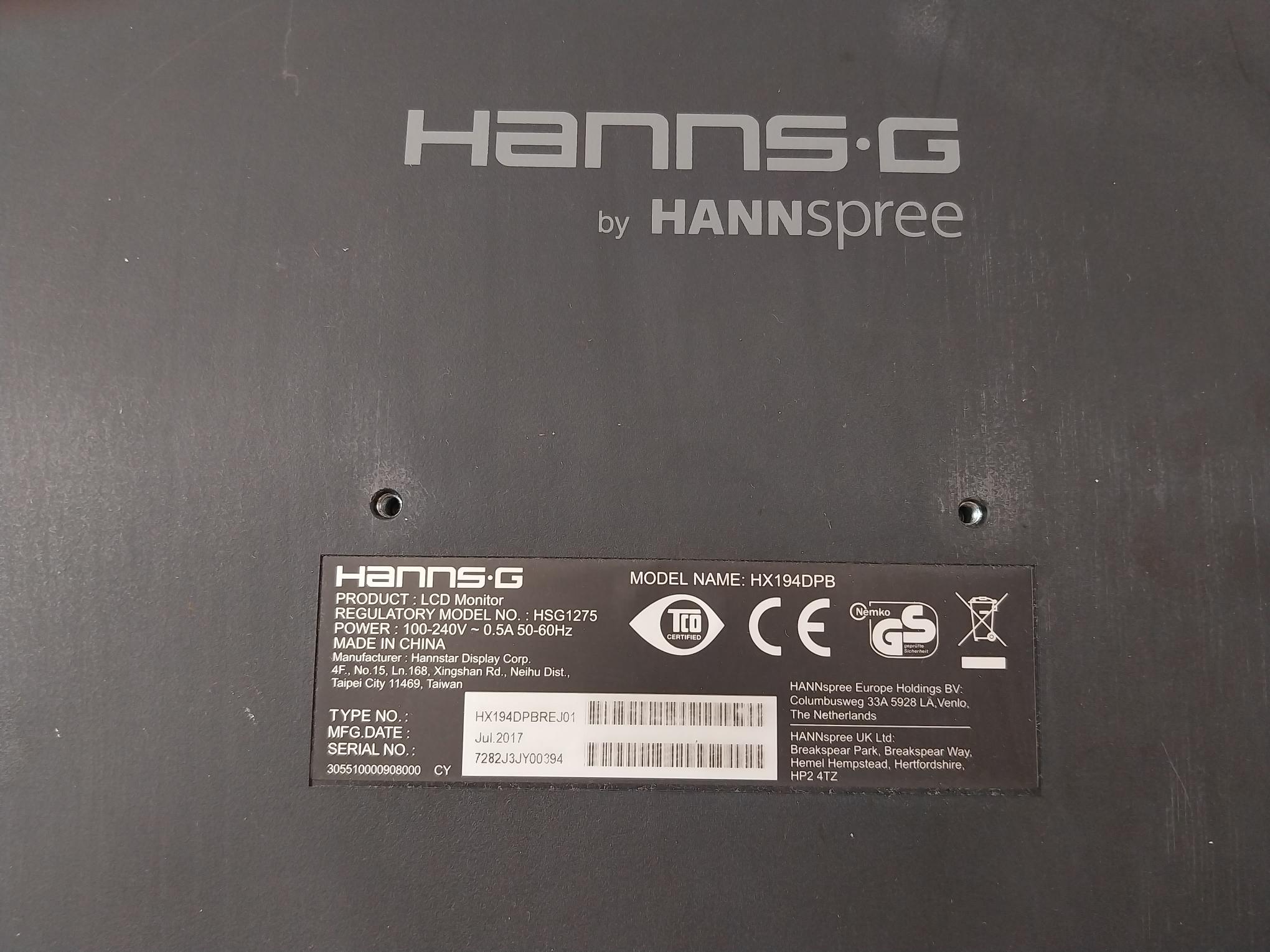 Hannstar HX194DPB LCD Monitor 100-240V~0.5A 50-60Hz