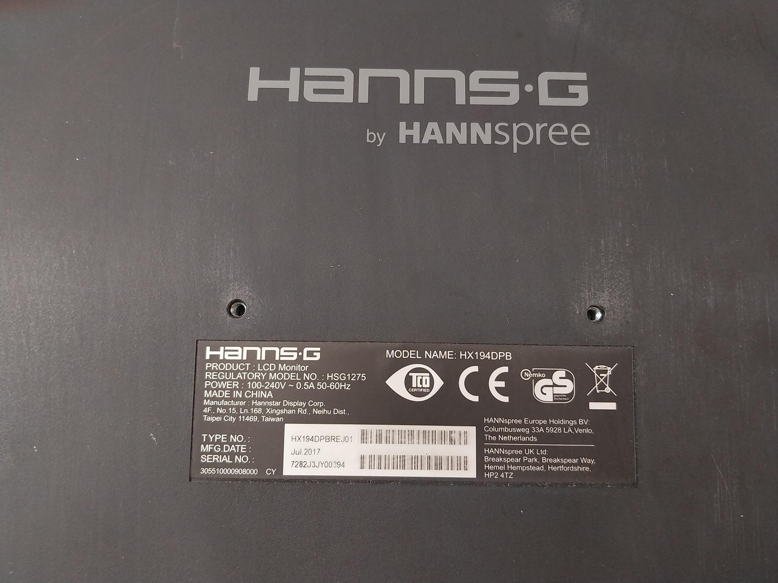 Hannstar HX194DPB LCD Monitor 100-240V~0.5A 50-60Hz