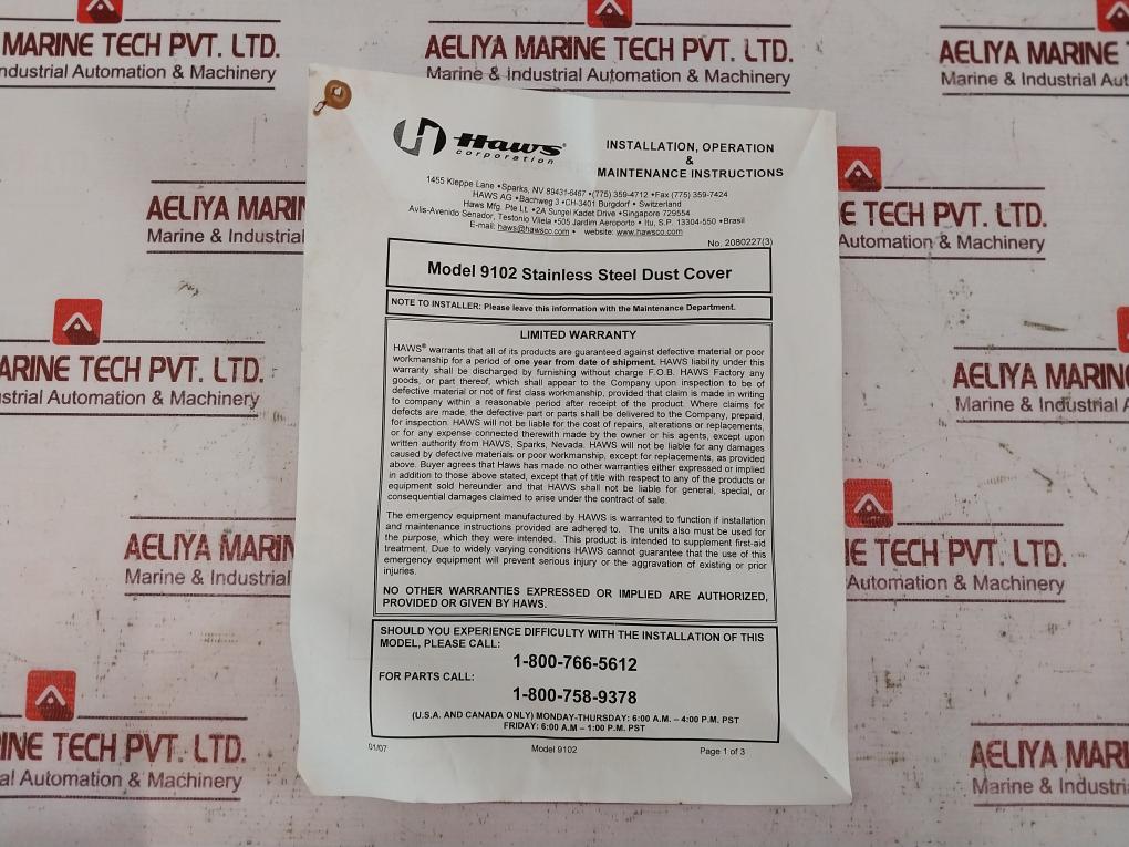 Haws 9102 Stainless Steel Dust Cover 0002080227.D Rev. 3