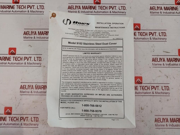 Haws 9102 Stainless Steel Dust Cover 0002080227.D Rev. 3