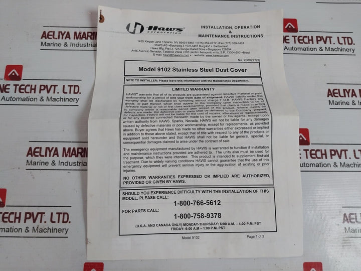 Haws 9102 Stainless Steel Dust Cover 64-254Mm