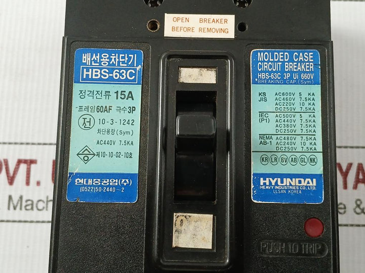 Hbs-63C Hyundai 3-pole Molded Case Circuit Breaker 15A