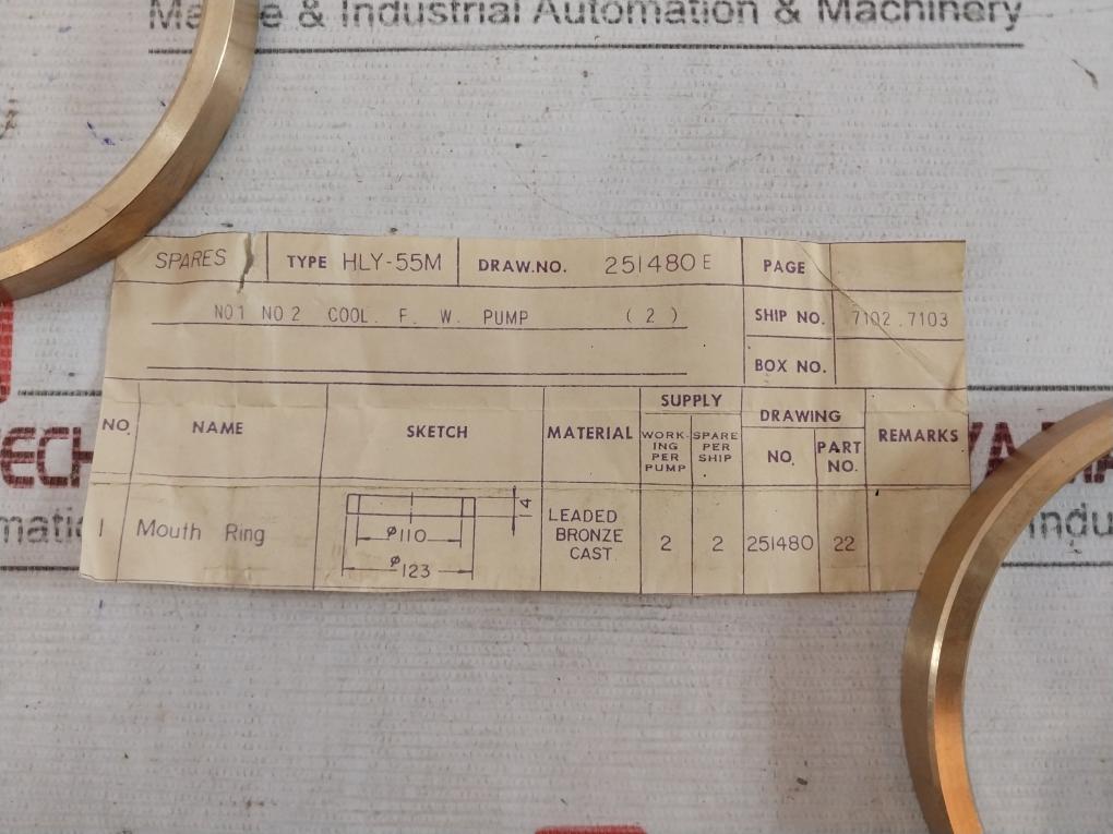 Heishin Hly-55M Mouth Ring For Cool F.W. Pump 22, 251480 E