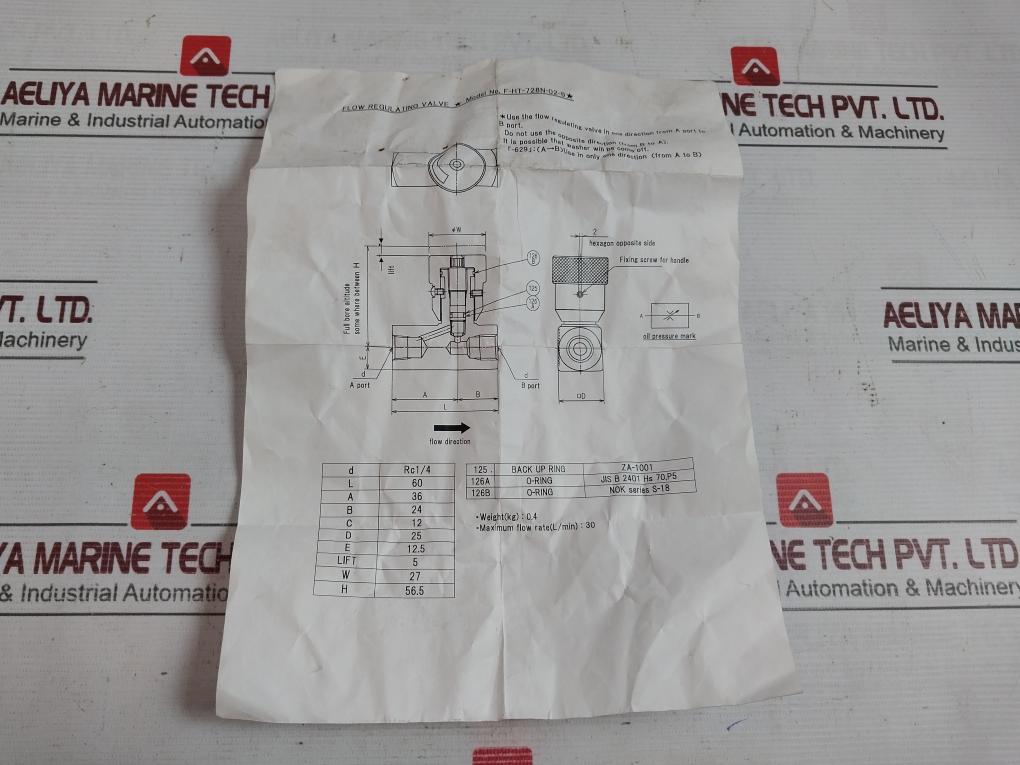 Hirose Valves F-HT-728N-02-S-629 Flow Regulating Valve 30 (L/MIN)