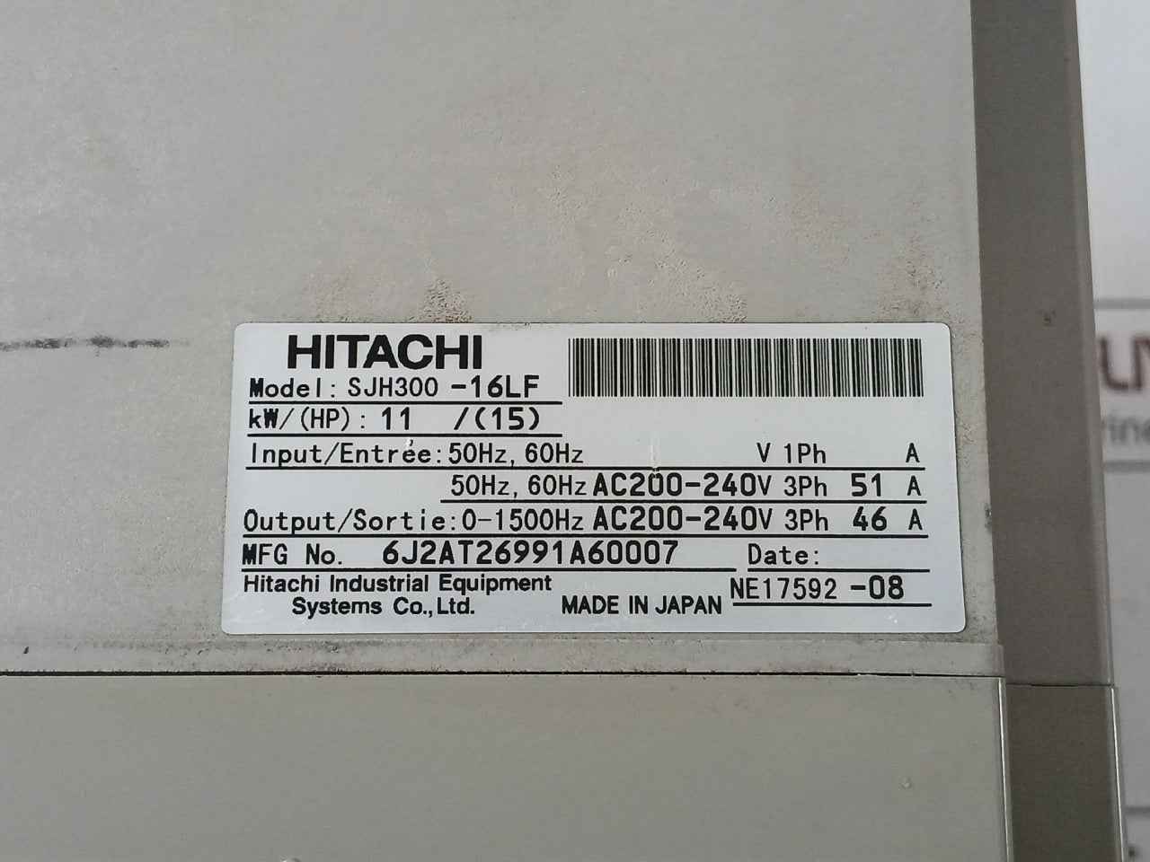 Hitachi Sjh300-16lf Inverter Drive Sjh300 6j2at26991a60007 Ac 200–240v 3ph 46a