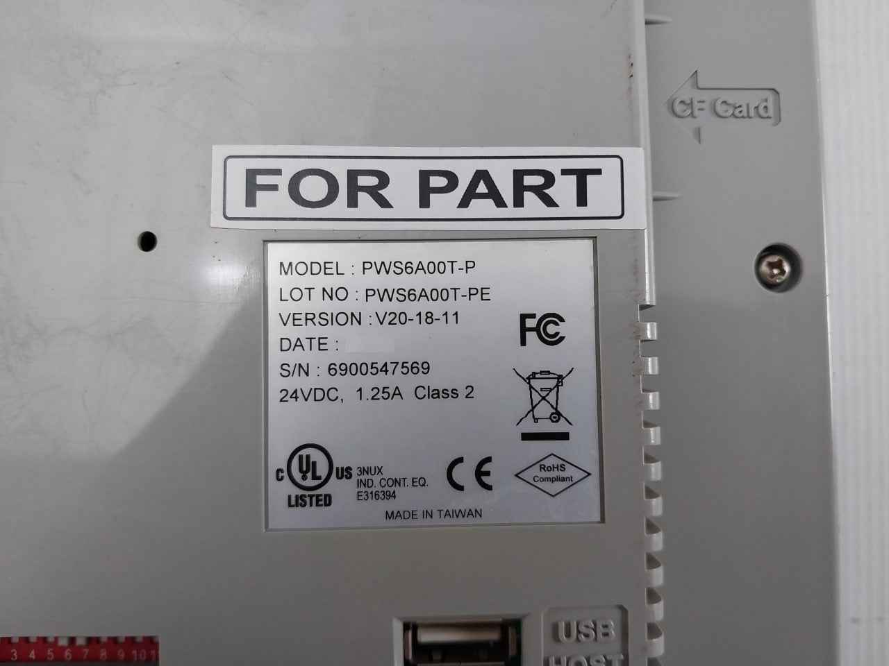 Hitech Pws6a00t-p Touch Screen Panel 24vdc, 1.25a Class 2 (Not Working)