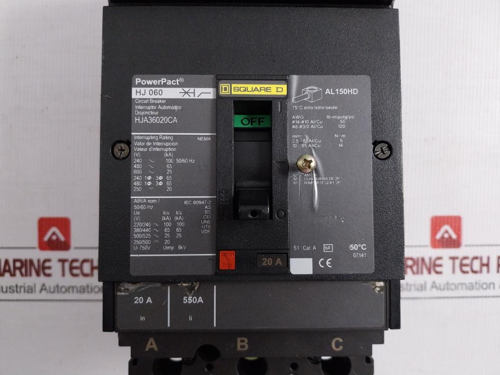 Hja36020Ca Square D 3-pole H-frame Molded Case Circuit Breaker Ii-550A In-20A