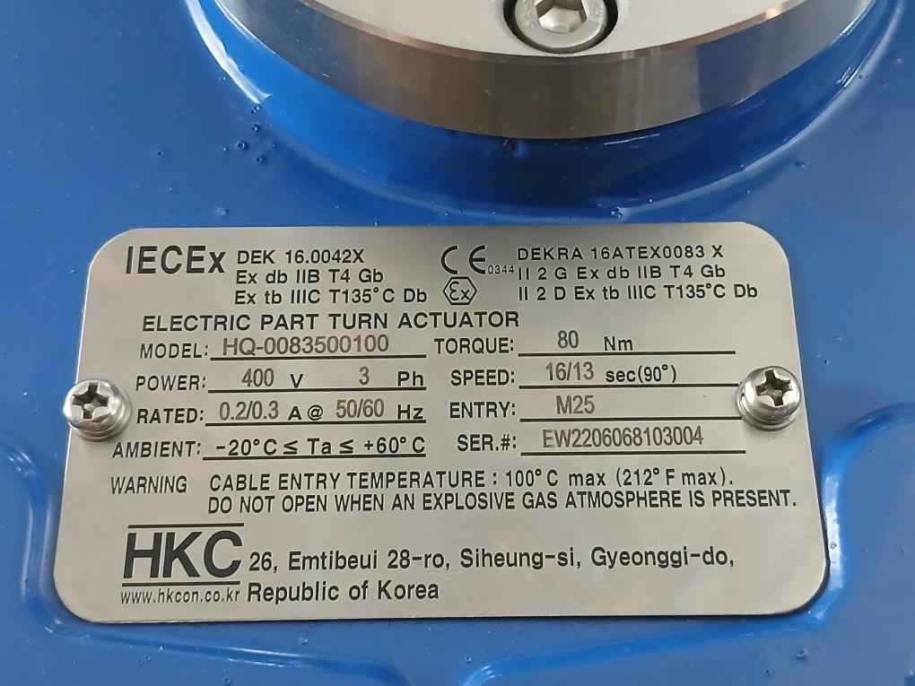 Hkc Hq-0083500100 Electric Part Turn Actuator Flanged W/ Butterfly Valve 3Ph