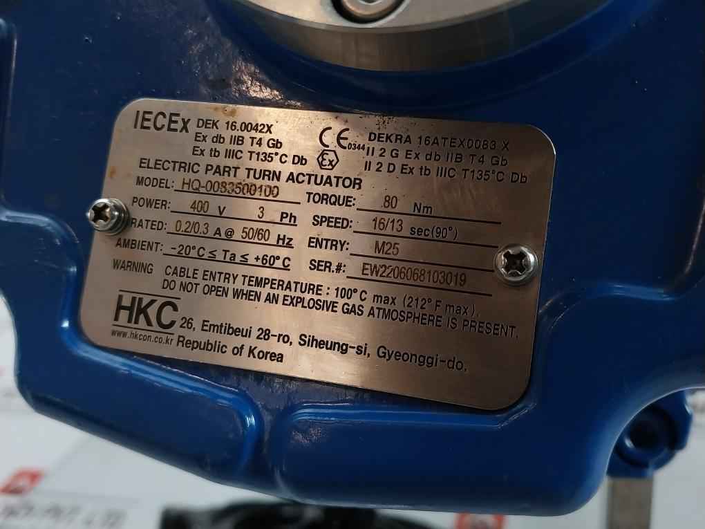 Hkc Hq-0083500100 Electric Part Turn Actuator Flanged W/butterfly Valve 80 Nm