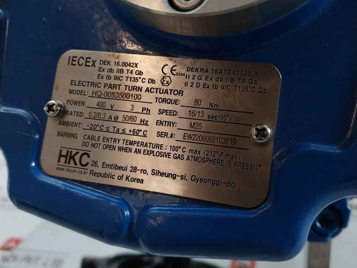 Hkc Hq-0083500100 Electric Part Turn Actuator Flanged W/butterfly Valve 80 Nm