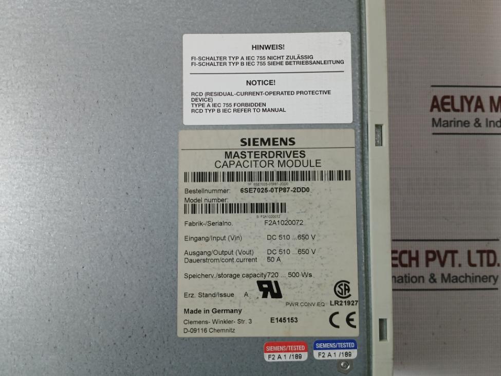 Siemens 6Se7025-0Tp87-2Dd0 Motion Control Capacitor Module For Power Buffering