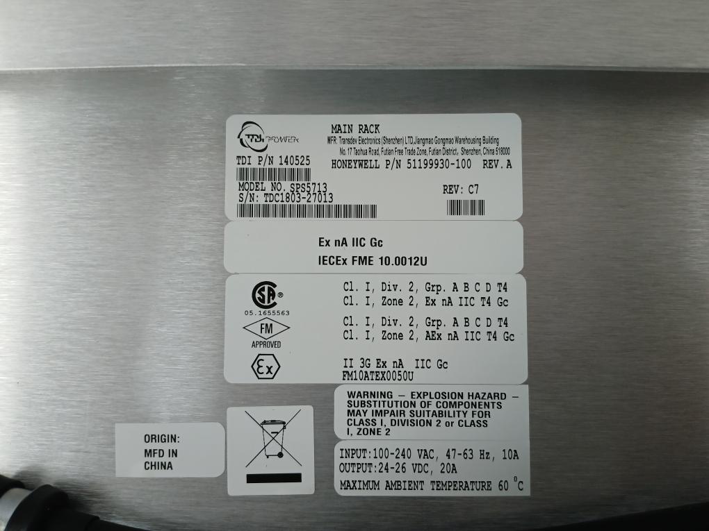 Honeywell 51199930-100 Industrial Main Power Supply Rack 24-26V Dc 20A