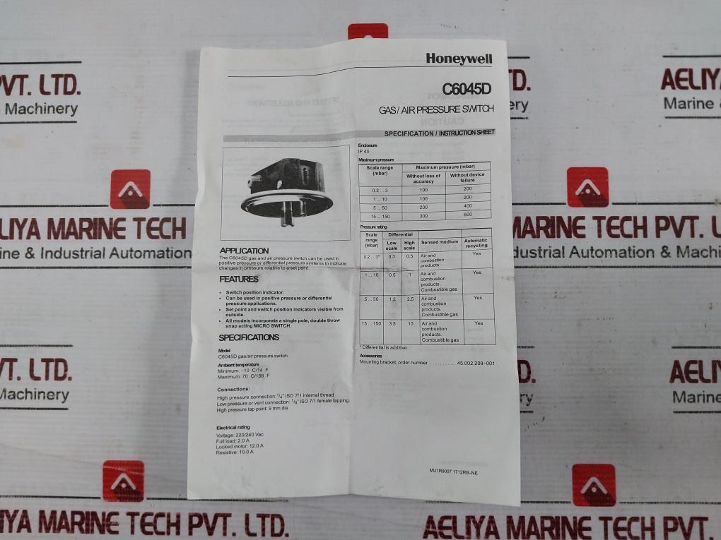 Honeywell C6045D1043 Gas/ Air Pressure Switch 220/240Vac 8 714724 004337