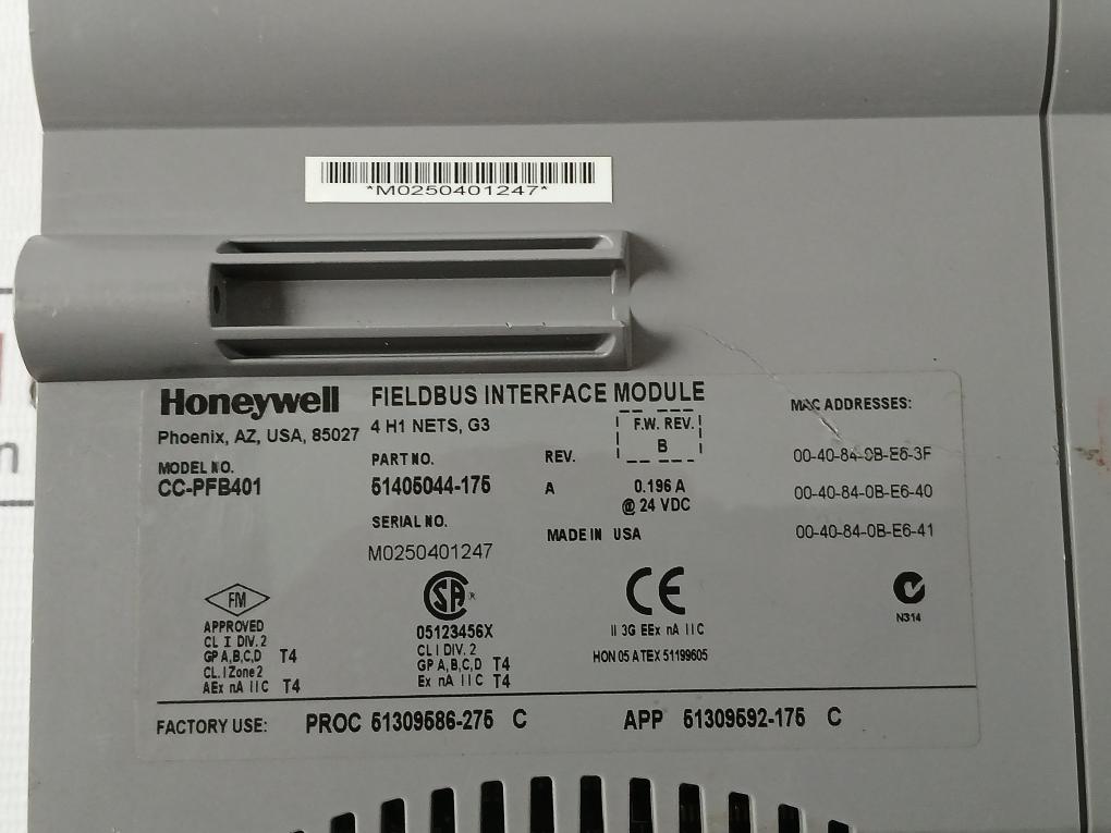 Honeywell Cc-pfb401 Fieldbus Interface Module Rev A 0 196 A 24 Vdc Rev B