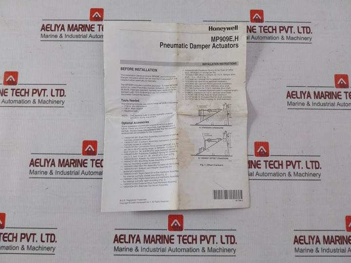 Honeywell Mp909E 1463 1 Pneumatic Damper Actuator Rev 4