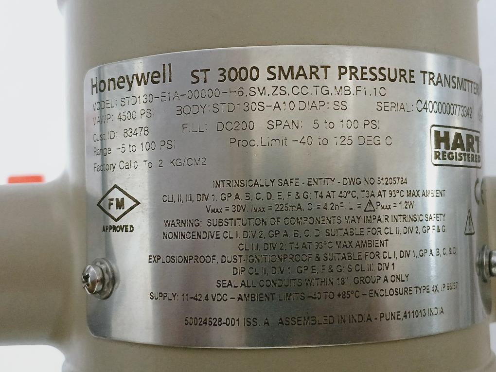 Honeywell St 3000 Smart Pressure Transmitter Std130-e1a-00000-h6 4500 Psi