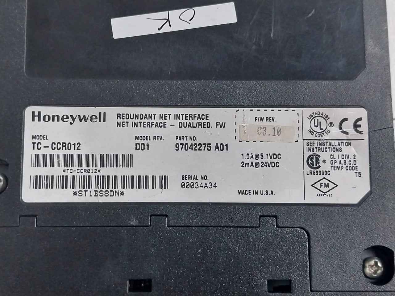 Honeywell Tc-ccr012 Redundant Net Interface Module 2Ma At 24Vdc T5