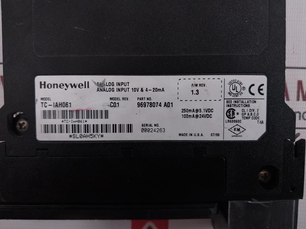 Honeywell Tc-iah061 Analog Input Module 96978074 A01 4-20Ma/10V 6 Pt Rev: 1.3
