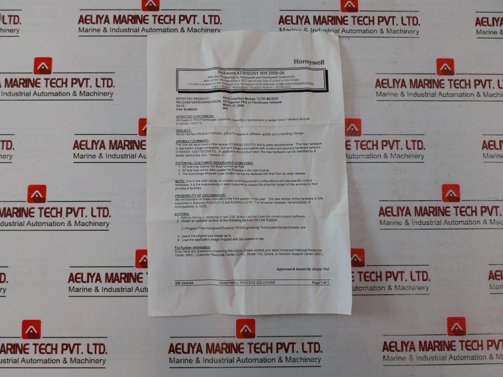 Honeywell Tk-mux021 Serial Interface Module Rev K 51309283-400 Ver 3