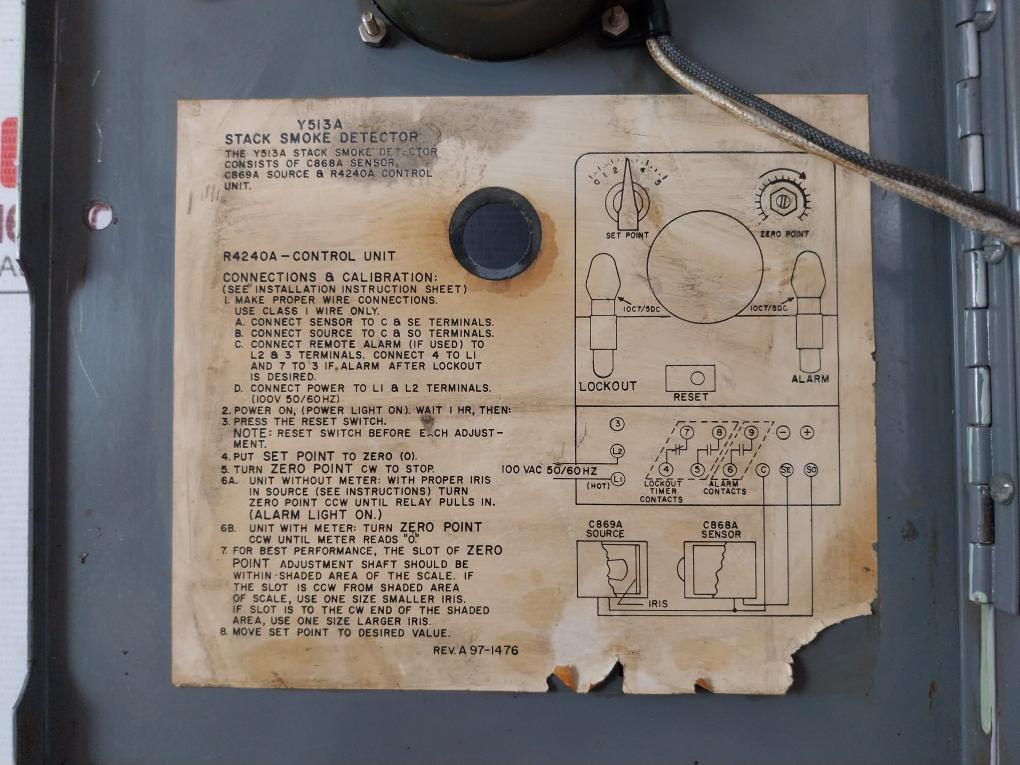 Honeywell Y513A Stack Smoke Detector Rev A 100Vac 50/60Hz 0-5 Sec